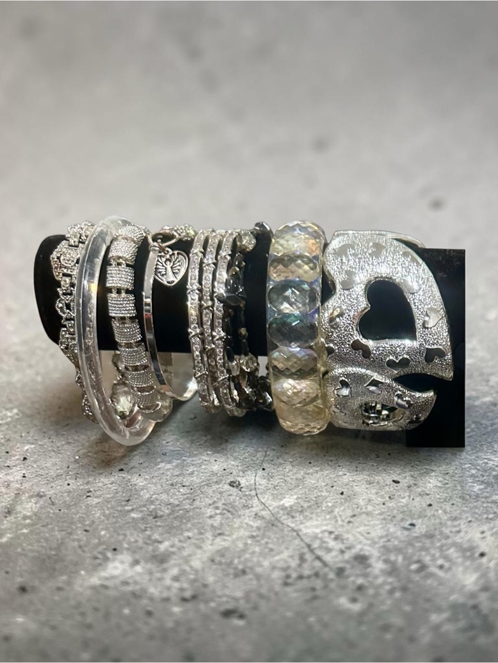 Signature Faith Silver Heart & Crystal Layered Bracelet Stack Set Boho Bling